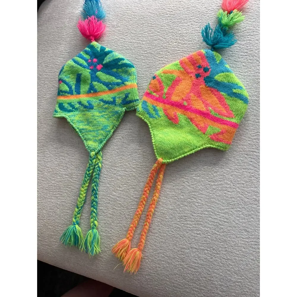 VTG 80s Obermeyer Kids Trapper Hat Beanies Neon Earflap Hat Tassle Preschool (2)